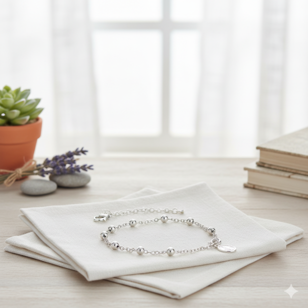 Różaniec srebrny – bransoletka na rękę z Cudownym Medalikiem pr. 925, 2,7 g widok z gory