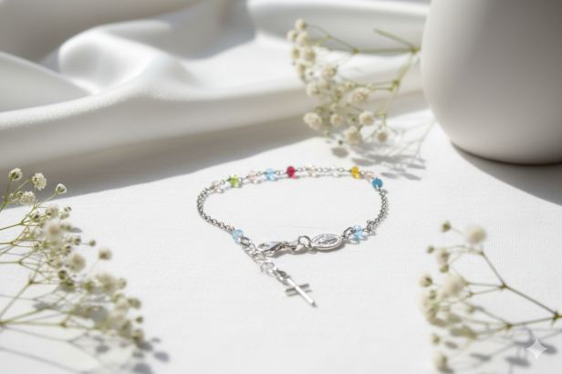 Różaniec srebrny – bransoletka na rękę Misyjna z kolorowymi paciorkami pr. 925, 3 g