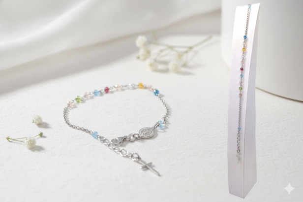 Różaniec srebrny – bransoletka na rękę Misyjna z kolorowymi paciorkami pr. 925, 3 g