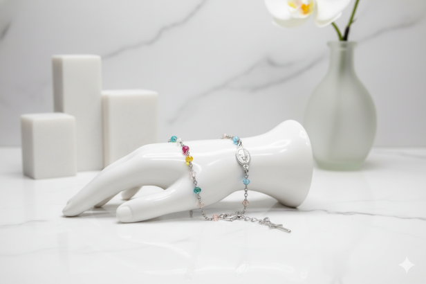 Różaniec srebrny – bransoletka na rękę Misyjna z kolorowymi paciorkami pr. 925, 3 g - aranżacja jubilerska