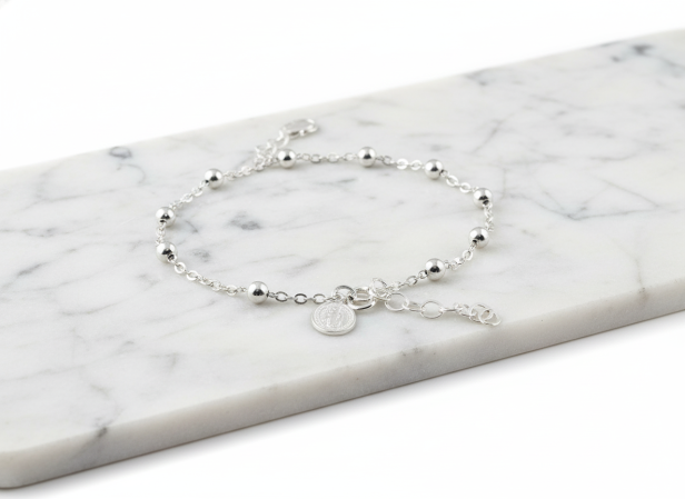 Różaniec srebrny – bransoletka na rękę z Medalikiem św. Benedykta pr. 925, 2,7 g