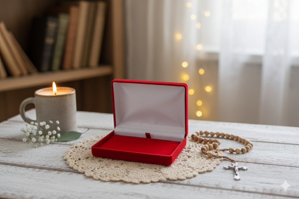 otwarte Opakowanie na biżuterię welurowe z grawerem – czerwone, eleganckie etui jubilerskie