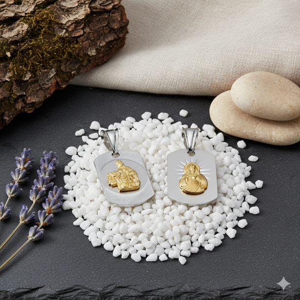 Srebrny pozłacany medalik Matka Boska Szkaplerzna i Serce Jezusa - 2,5g