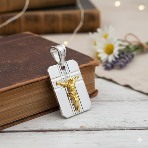 Srebrny pozłacany wisiorek z wizerunkiem Jezusa na krzyżu pr. 925 – 2,5 g