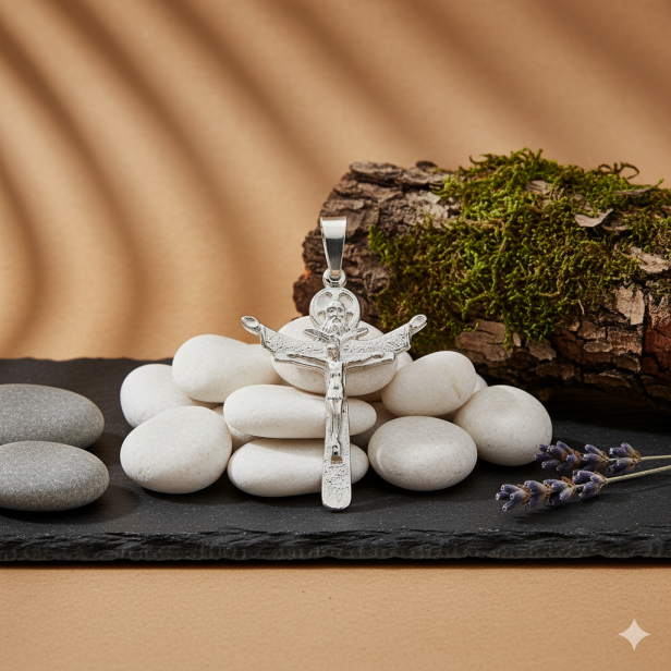 Krzyż srebrny, pr. 925 – Trójca Święta z wizerunkiem Jezusa 4,3 g (na Bierzmowanie)