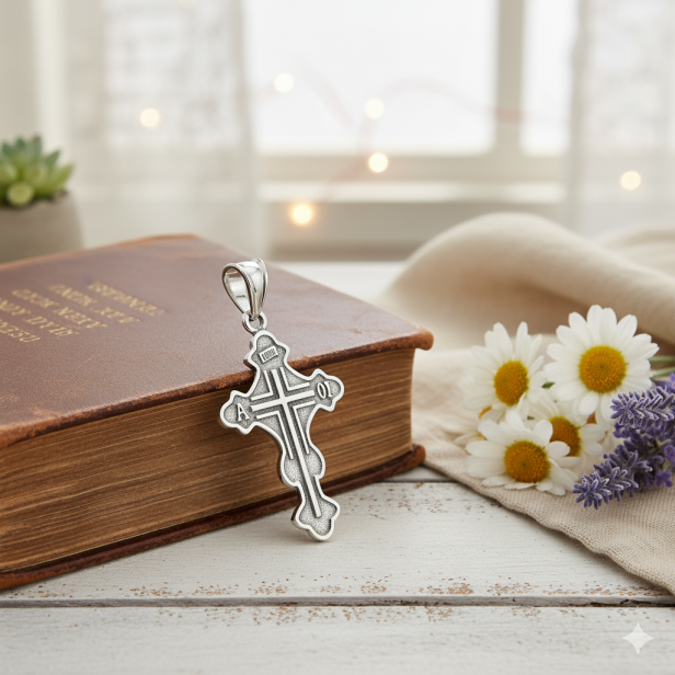 Srebrna zawieszka w kształcie krzyża Alfa i Omega, pr. 925 – 1 g