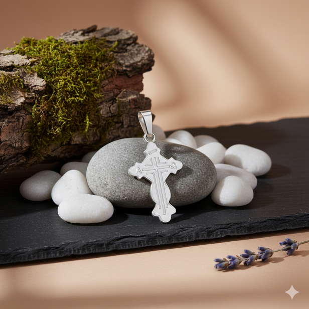 Srebrna zawieszka w kształcie krzyża Alfa i Omega, pr. 925 – 1 g