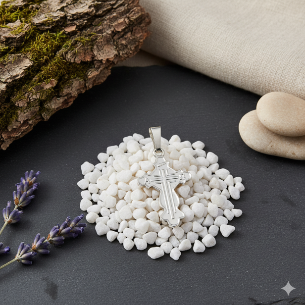 Srebrna zawieszka w kształcie krzyża Alfa i Omega, pr. 925 – 1 g