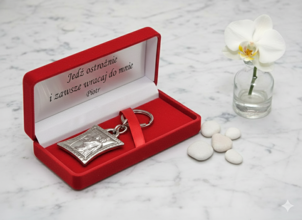 Srebrny brelok w czerwonym pudełku z grawerem ❤️ prezent & dedykacja