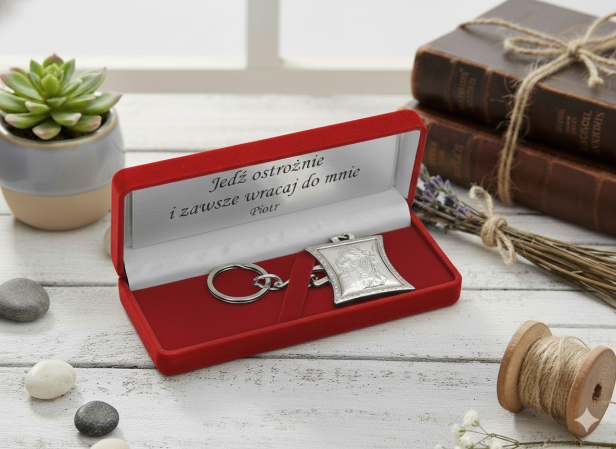 Srebrny brelok w czerwonym pudełku z grawerem ❤️ prezent & dedykacja