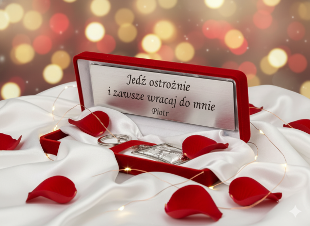 Srebrny brelok w czerwonym pudełku z grawerem ❤️ prezent & dedykacja