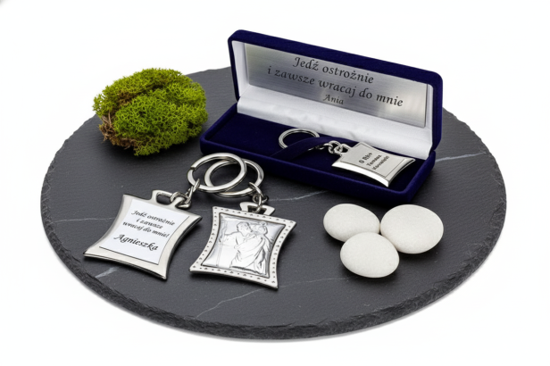 Srebrny brelok w granatowym pudełku z grawerem ❤️ prezent & dedykacja