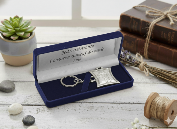 Srebrny brelok w granatowym pudełku z grawerem ❤️ prezent & dedykacja