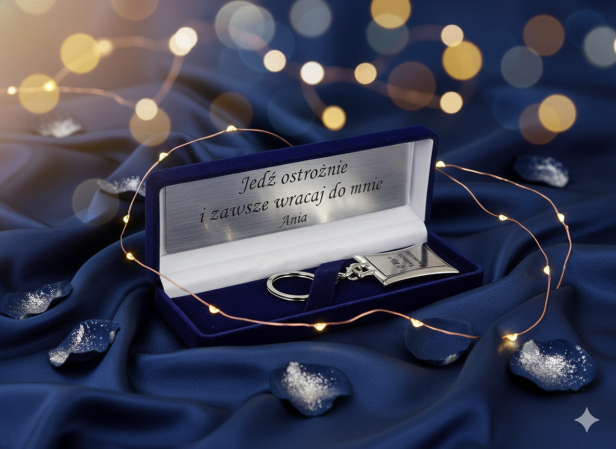 Srebrny brelok w granatowym pudełku z grawerem ❤️ prezent & dedykacja