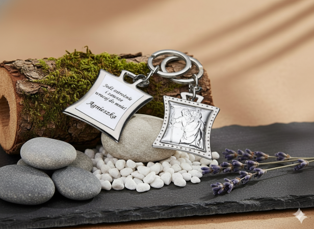 Srebrny brelok w granatowym pudełku z grawerem ❤️ prezent & dedykacja