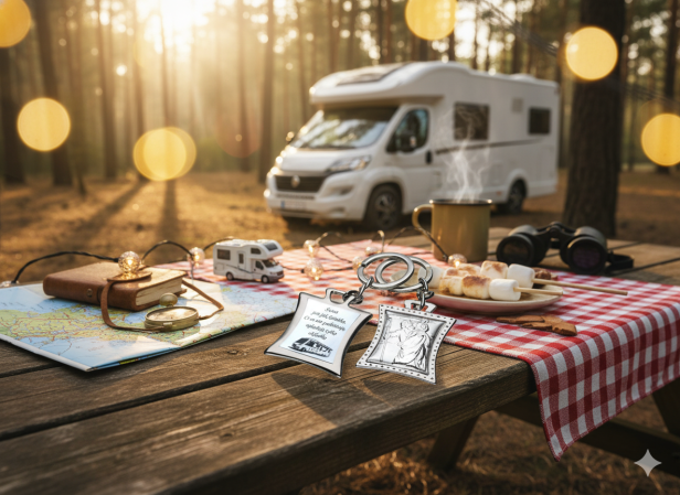 Brelok srebrny z wizerunkiem Św. Krzysztofa z Twoim grawerem – wersja CARAVANING
