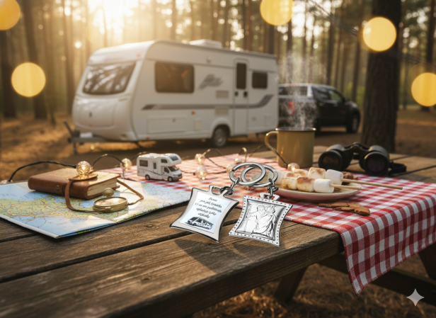 Brelok srebrny z wizerunkiem Św. Krzysztofa z Twoim grawerem – wersja CARAVANING