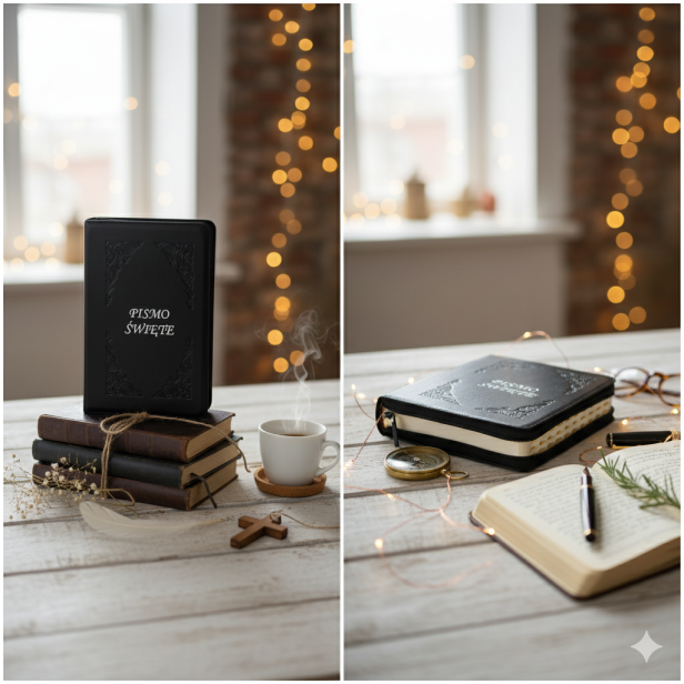 w aranżacji Pismo Święte w czarnej oprawie z naturalnej skóry na zamek – elegancka Biblia prezentowa