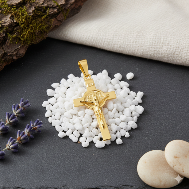 Krzyżyk srebrny pozłacany św. Benedykta z wizerunkiem Jezusa, pr. 925 – 3 g