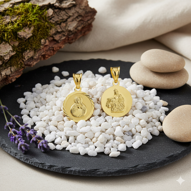 Złocony medalik dwustronny Serce Jezusa / Matka Boska Szkaplerzna pr. 925 z łańcuszkiem – symbol miłości i opieki