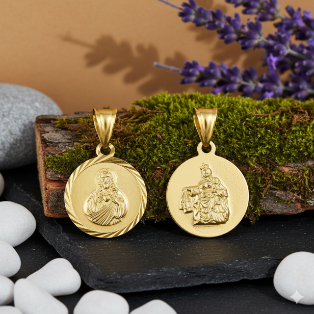 Złocony medalik dwustronny Serce Jezusa / Matka Boska Szkaplerzna pr. 925 z łańcuszkiem – symbol miłości i opieki
