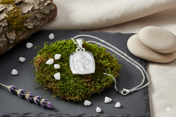 Srebrny medalik Matka Boska Wędrowna (Cygańska) z łańcuszkiem pr. 925 – pamiątka wiary i opieki podróżnych
