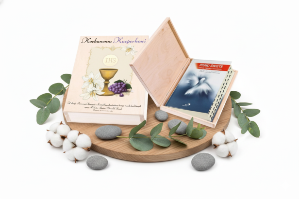 Pismo Święte z paginatorami w pudełku drewnianym EKO ♻ nadruk UV - Pamiątka I Komunii Święte