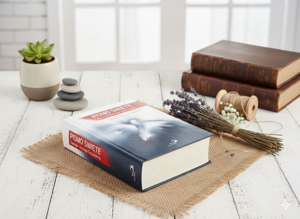 Pismo Święte z paginatorami w pudełku drewnianym EKO ♻ nadruk UV - Pamiątka I Komunii Świętej