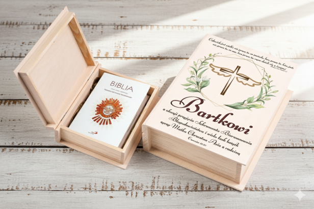 Biblia w pudełku drewnianym EKO ♻ – nadruk Ink-Jet, Pamiątka Sakramentu Bierzmowania