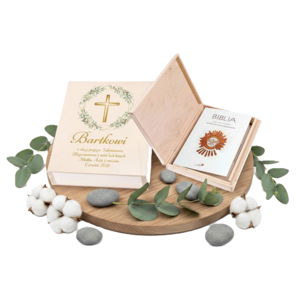 Biblia w pudełku drewnianym EKO ♻ – nadruk Ink-Jet, Pamiątka Sakramentu Bierzmowania