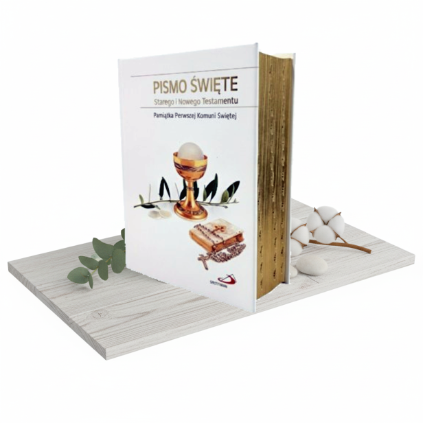 Pismo Święte w komunijnej obwolucie – standard format, oprawa twarda, paginatory, złocone brzegi kartek