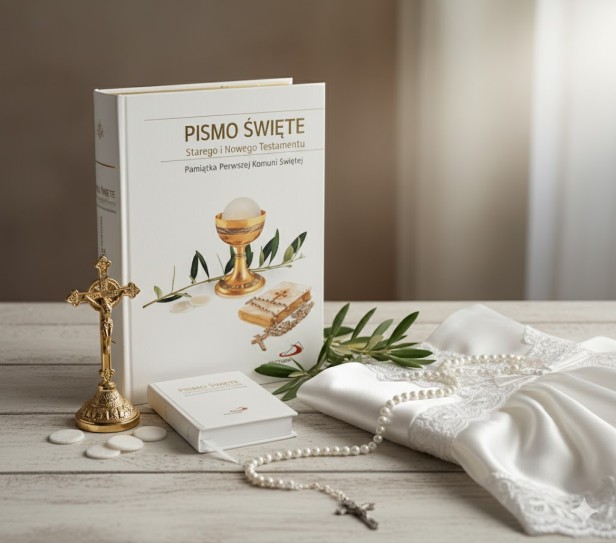 Pismo Święte w komunijnej obwolucie – standard format, oprawa twarda, paginatory, złocone brzegi kartek