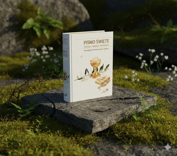 Pismo Święte w komunijnej obwolucie – standard format, oprawa twarda, paginatory, złocone brzegi kartek w naturze
