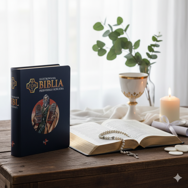 Ilustrowana Biblia Pierwszego Kościoła – oprawa granatowa ze złoceniami, Prymasowska Seria Biblijna