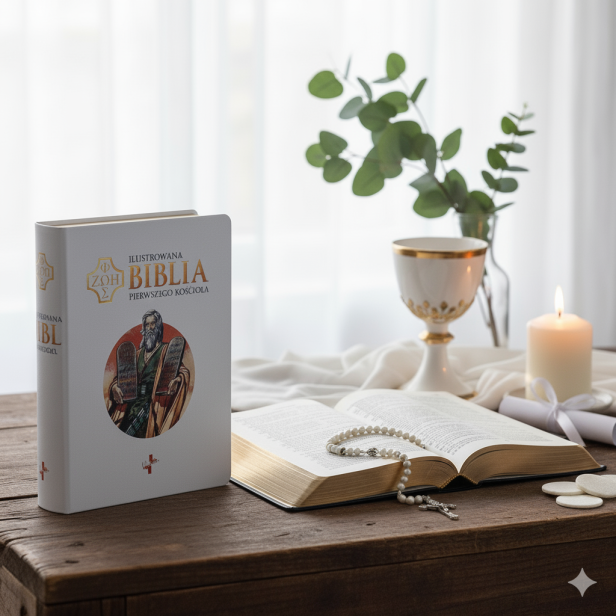 Ilustrowana Biblia Pierwszego Kościoła – oprawa biała ze złoceniami, Prymasowska Seria Biblijna