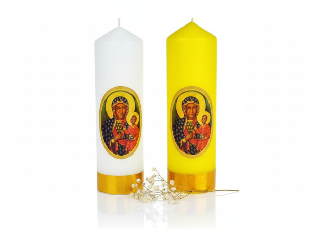 Świeca ołtarzowa Matki Bożej Częstochowskiej – biała lub żółta, Ø 50 mm, wys. 16 cm