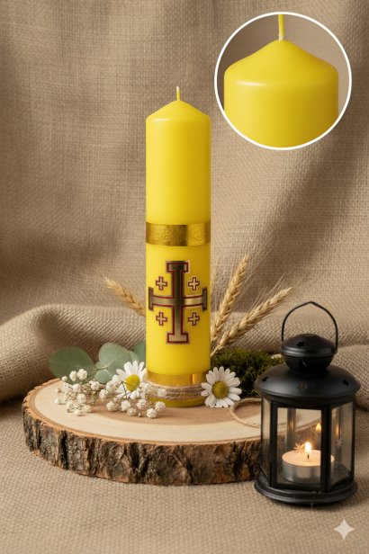 ŻÓŁTA Świeca ołtarzowa z wizerunkiem Krzyża Jerozolimskiego – Ø 6 cm, wys. 30 cm