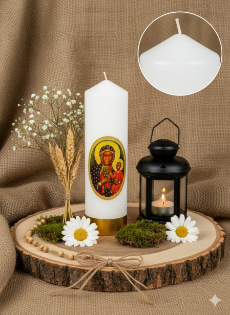 BIAŁA Świeca ołtarzowa Matki Bożej Częstochowskiej – biała lub żółta, Ø 50 mm, wys. 16 cm