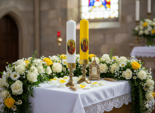Świeca ołtarzowa Matki Bożej Częstochowskiej – biała lub żółta, Ø 50 mm, wys. 16 cm