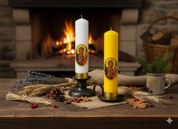 Świeca ołtarzowa Matki Bożej Częstochowskiej – biała lub żółta, Ø 50 mm, wys. 16 cm