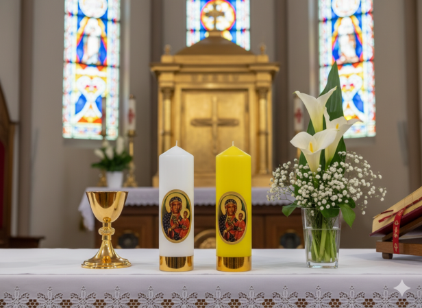 Świeca ołtarzowa Matki Bożej Częstochowskiej – biała lub żółta, Ø 50 mm, wys. 16 cm