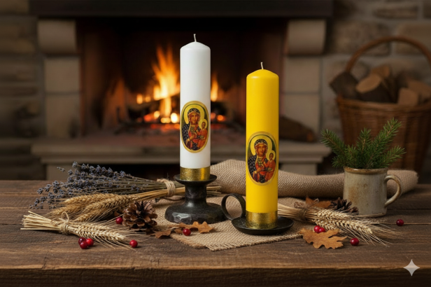 Świeca ołtarzowa Matki Bożej Częstochowskiej – biała lub żółta, Ø 75 mm, wys. 30 cm