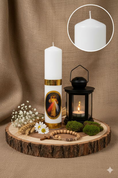 BIAŁA Świeca ołtarzowa Pan Jezus Miłosierny – Jezu Ufam Tobie, Ø 50 mm, wys. 28 cm