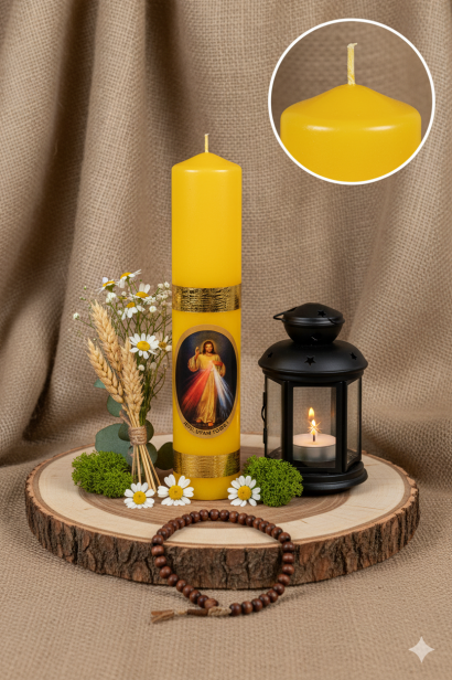 ŻÓŁTA Świeca ołtarzowa Pan Jezus Miłosierny – Jezu Ufam Tobie, Ø 50 mm, wys. 28 cm