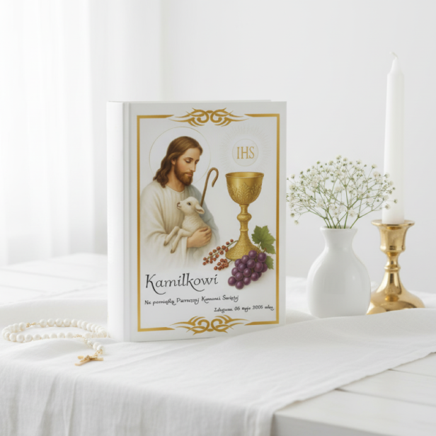 aranżacja komunijny nadruk - Pismo Święte Starego i Nowego Testamentu – Biblia Rodzinna z nadrukiem IHS Komunia lub Dobry Pasterz
