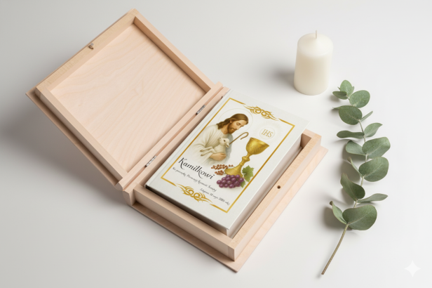 zestaw z pudełkiem drewnianym - Biblia Tysiąclecia – format oazowy z nadrukiem IHS | Pamiątka Pierwszej Komunii Świętej | Pismo Święte Pallottinum