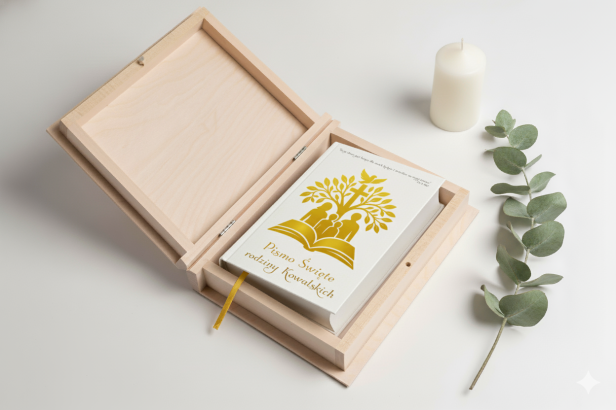 Drewniane pudełko - Biblia Tysiąclecia – format oazowy z nadrukiem UV | Pismo Święte Starego i Nowego Testamentu | Prezent religijny w twardej oprawie