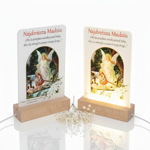 Lampka nocna LED z nadrukiem „Anioł Stróż” – pamiątka i prezent na Chrzest Święty