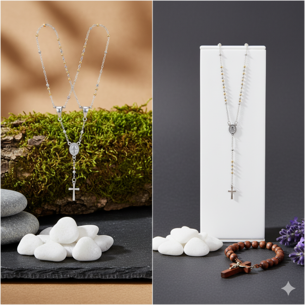 Różaniec z medalikiem św. Benedykta w pudełku z imieniem – pamiątka Sakramentu Bierzmowania