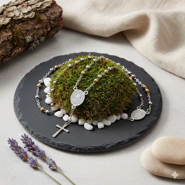 Różaniec z medalikiem św. Benedykta w pudełku z imieniem – pamiątka Sakramentu Bierzmowania